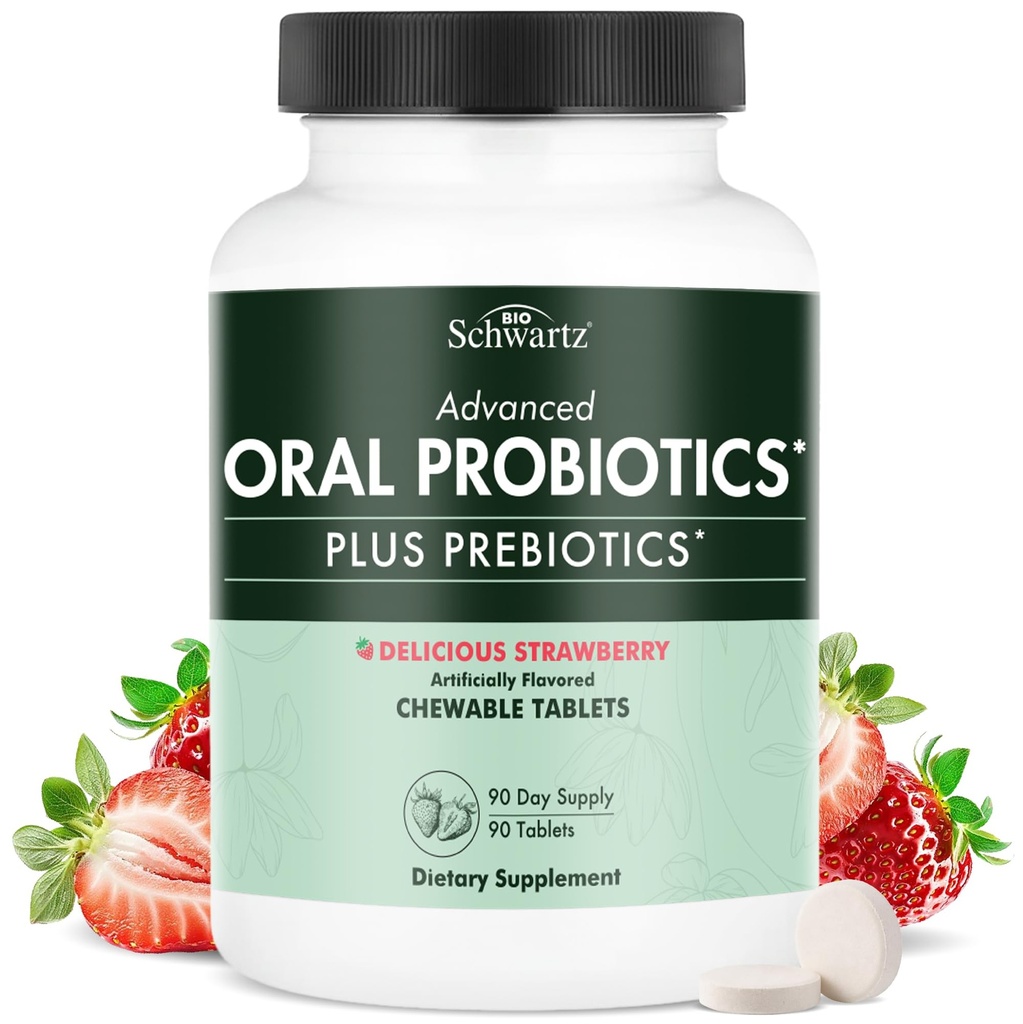 Orale Probiotica Supplement met Prebiotica - Ondersteunt gezonde tanden Gums Mond en verse reukloze adem voor volwassenen - Aardbei Flavored Kauwbare Tandheelkundige Probiotica (90 tabletten, 90 dagen levering)