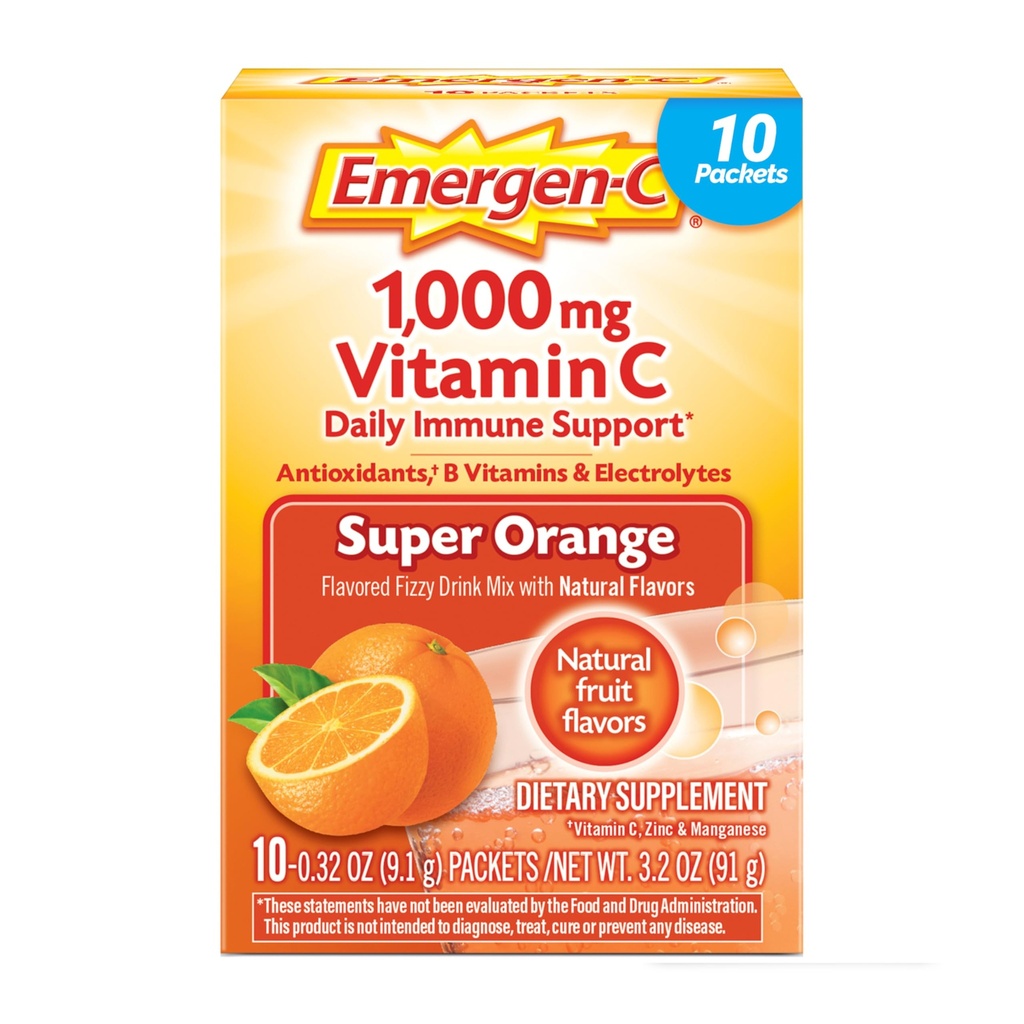 Emergen-C 1000mg vitamine C poeder voor dagelijkse Immune ondersteuning Cafeïnevrije vitamine C supplementen met zink en Mangaan, B vitamines en elektrolyten, Super Orange smaak - 10 Tellen