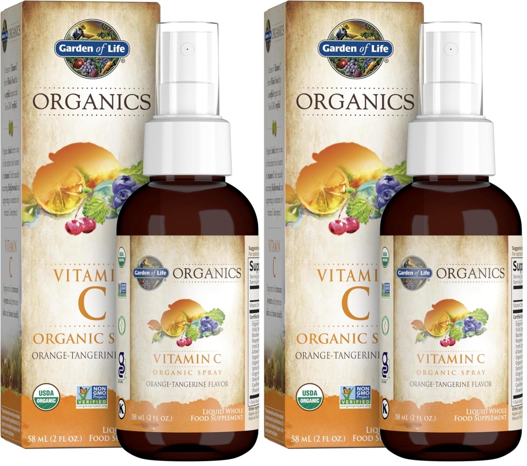 Garden of Life Organics Vitamin C Spray for Kids and Adults - Orange Tangerine,Vitamin C Supplement,Antioxidant for Immune Support and Skin Health,2 fl oz Liquid Drops,(Pack of 2)