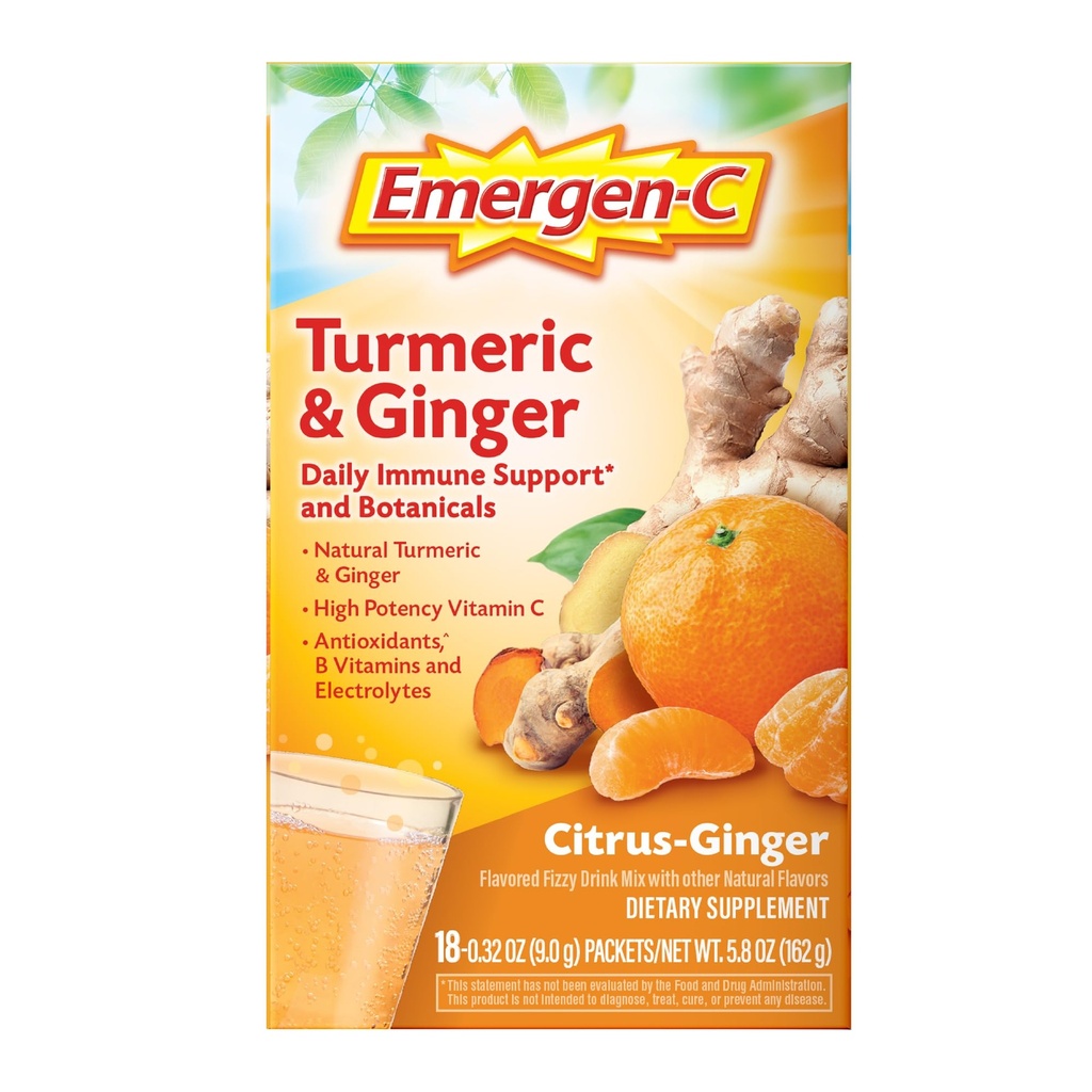Emergen-C Citrus-Ginger Fizzy Drink Mix, Kurkuma en Gember, Immune Ondersteuning, Natuurlijke Smaken met Hoge Potentie Vitamine C, 18 Tellen