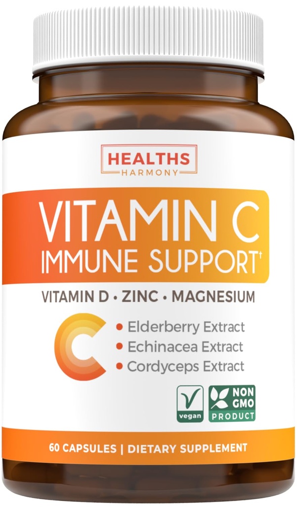 Vitamine C Immune Support Supplement - Immune Boost Blend met Vlierbessen Vitamine C en Zink voor dagelijkse en seizoensondersteuning - Magnesium Zink Vit C & D en Herbal Defense Complex (1 maand levering)