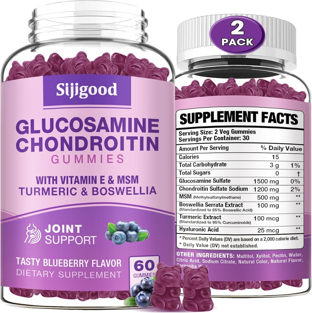 2 Pack Glucosamine Chondroitin Gummies, Extra Strength Glucosamine Chondroitin MSM met Vlierbessen & Kurkuma, Gezamenlijke Gezondheid, Flexibiliteit, Antioxidant, Immune voor Volwassenen-Blueberry Flavored, 120 Gummies
