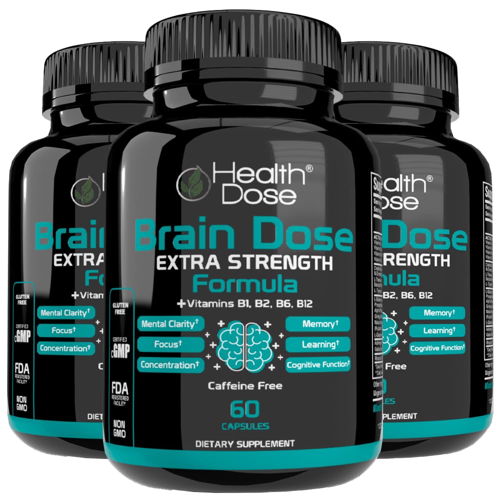 Gezondheidsdosis Hersendosis Premium Nootropics - Cafeïnevrije extra sterkte Formule voor mannen en vrouwen - Ondersteunt Hersengezondheid, Cognitive Focus & Memory Retention, Pack of 3.
