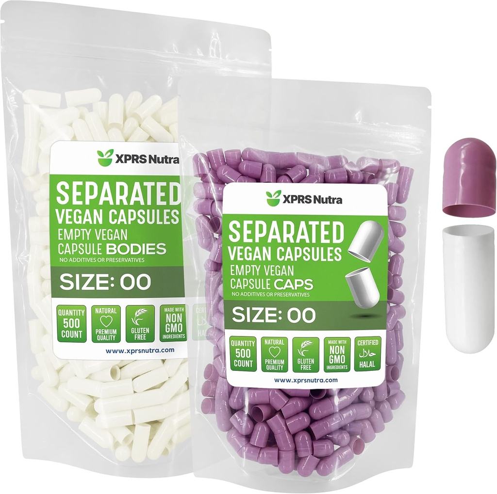 XPRS Nutra Vegan Maat 00 Gescheiden Capsules - 500 Tel Premium Lege Capsules Gescheiden in zakken - 00 Pillen Leeg voor DIY supplement vullen (Lavender/White)