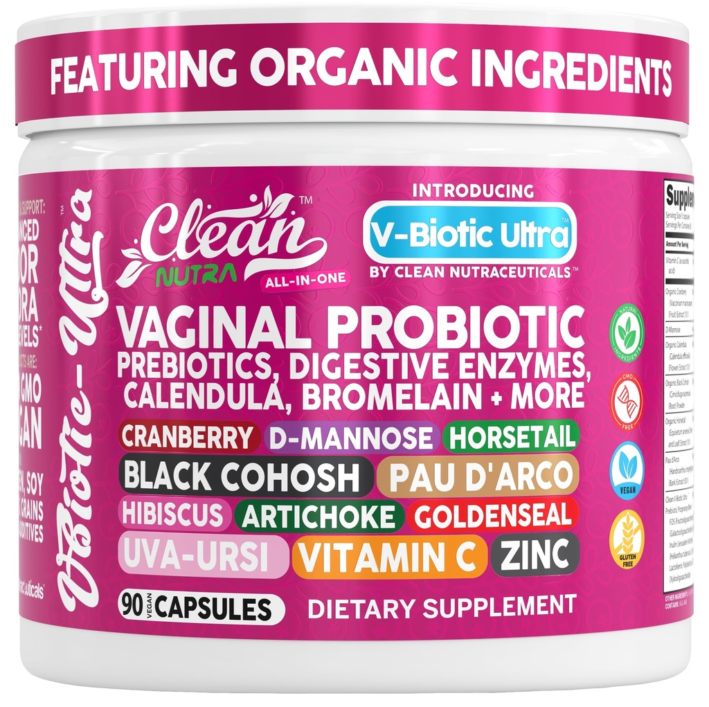 Clean Nutra Vaginal Probiotics for Women + Prebiotics Digestive Enzymes Bromelain Cranberry D Mannose Horsetail Black Cohosh Artichoke Hibiscus Flowers Probiotic for Digestive Health 90 Vegan Capsules