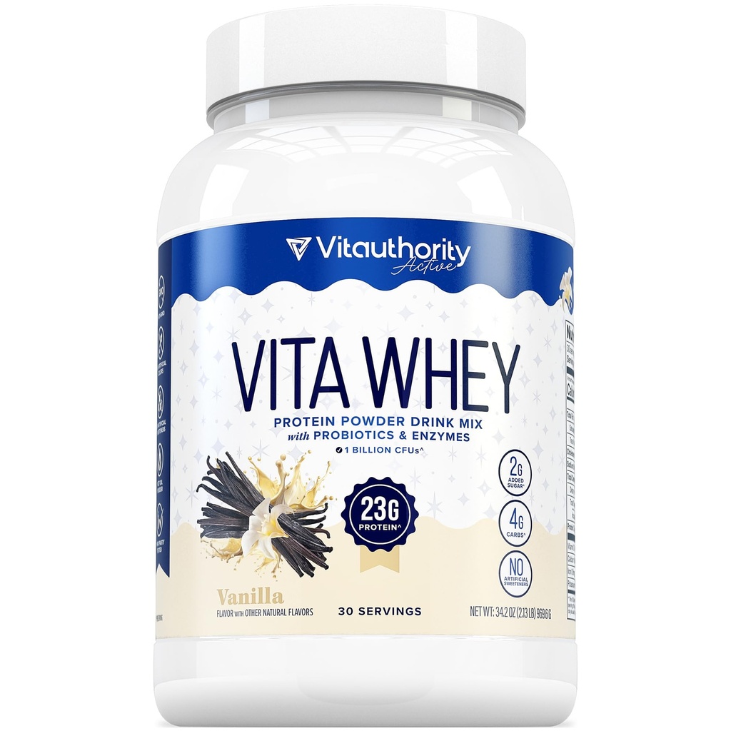 Vitauthority Wei Proteïne Poeder voor Vrouwen Wei Isoleer Probiotica & Enzymen Ondersteunt Digestie, Nutriënt Absorptie & Energie Post-workout & Dagelijkse Voeding Vanille Smaak 30 Servers