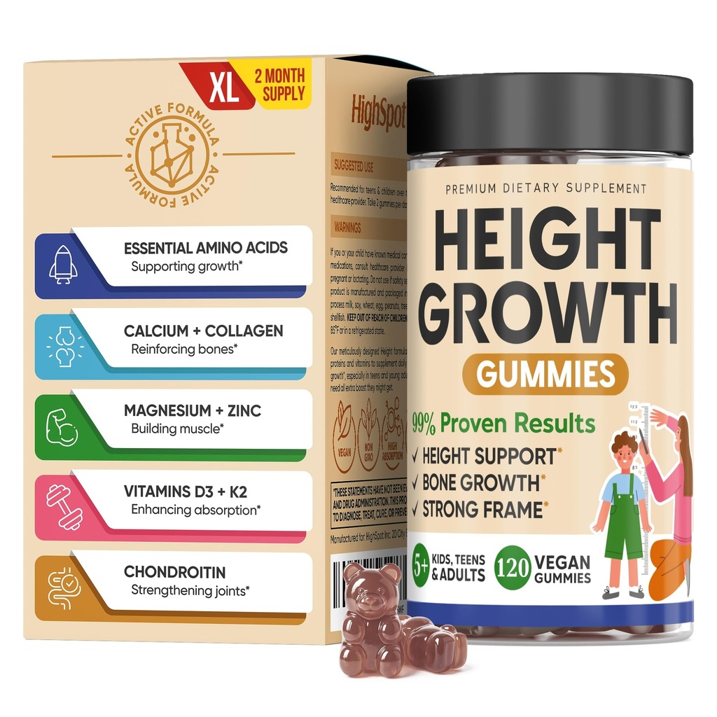 Hoogte Groei verhogen Vitamine Gummies, Calcium 100mg, Magnesium Glycinate 30mg, Zink, Ashwagandha, Vitamine K2 D3 25mg Grow Tall Maximizer Supplement, Multivitamine voor kinderen, Tieners Boy & Girl, Volwassenen