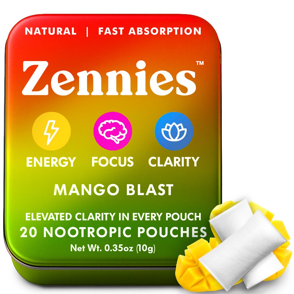 Zennies Cafeïne Nootropic Zakken met Alpha GPC, L-Tyrosine & L-Theanine, Lion's Mane, Cordyceps, Reishi - Nicotine Vrij, Geen Suiker of kunstmatige zoetstoffen Nootropic Energy Pouches, Mango Blast 1 PK