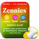 Zennies Cafeïne Nootropic Zakken met Alpha GPC, L-Tyrosine & L-Theanine, Lion's Mane, Cordyceps, Reishi - Nicotine Vrij, Geen Suiker of kunstmatige zoetstoffen Nootropic Energy Pouches, Mango Blast 1 PK