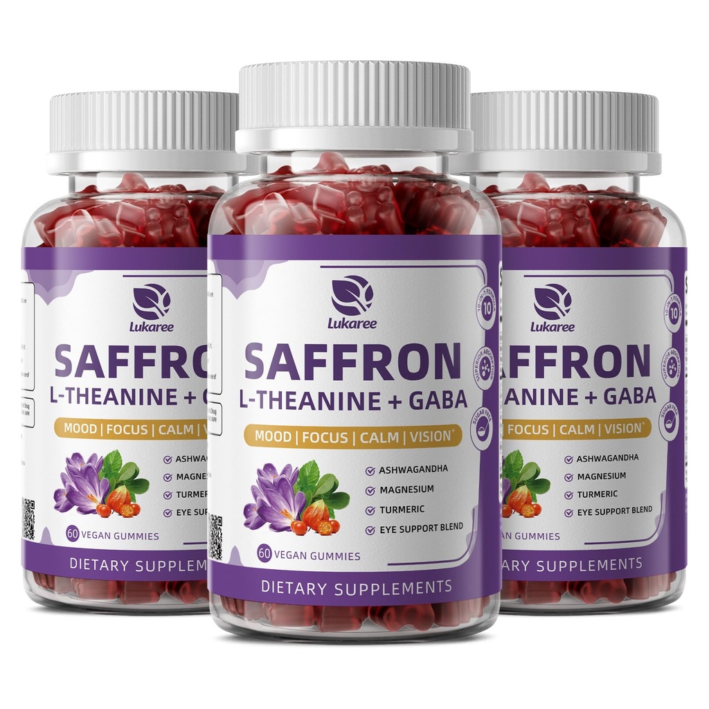 10-in-1 Saffron Gummies Supplementen met L-Theanine 200mg, GABA, Ashwagandha, Kurkuma, Luteïne, Zeaxanthine & Astaxanthine voor Mood, Focus & Eye Support Sugar Free, Vegan, Berry Flavor, 3 Pack