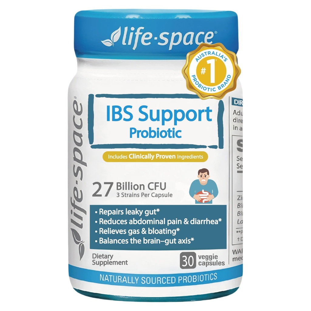 Life-Space IBS Support Probiotic, Clinically Poven to IBS Relief, 4 in 1 Probiotics for Women and Men, 27 Billion CFU, Supports Reduce Symptoms of IBS, Include Bloating, Gas & Diarrhea, 30 ct