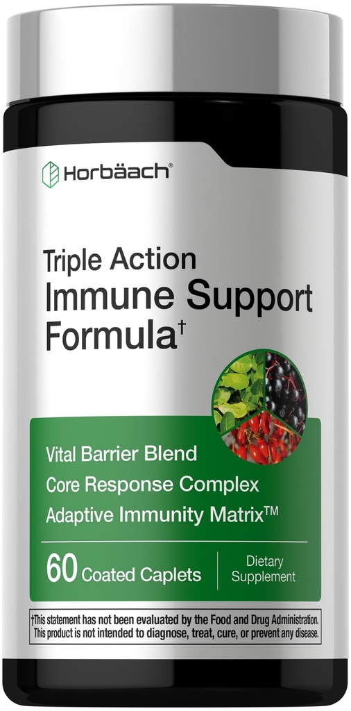 Horbäach Immune Support Supplement | 60 Coated Caplets | with Vitamin C, Zinc & Elderberry | Triple Action | Adaptive Immunity Matrix | Vegan, Non-GMO, Gluten Free