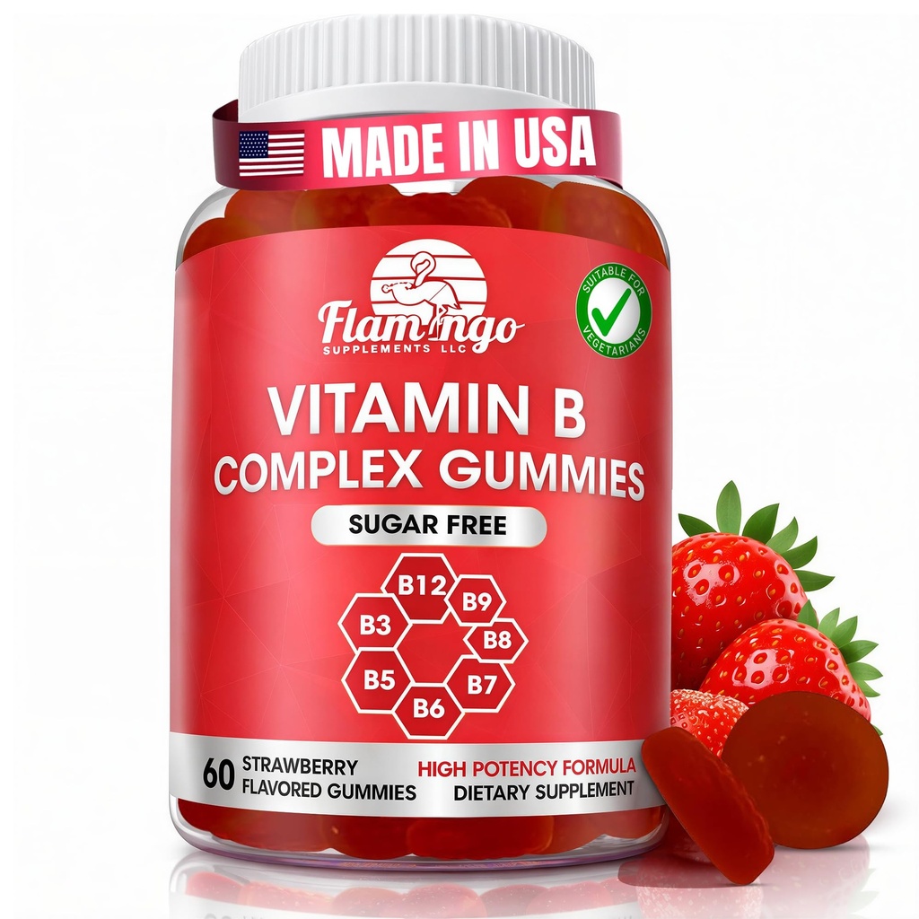 Suikervrij vitamine B Complex Gummies - Vitamine B12, B7, B6, B3 (Niacine), B5, B8, B9 (Folaat)- Derde partij Getest- Prenatale, Veganistisch dieet, Oudere Volwassenen - B Complex Vitaminesupplement- 60 Gummy Bottle