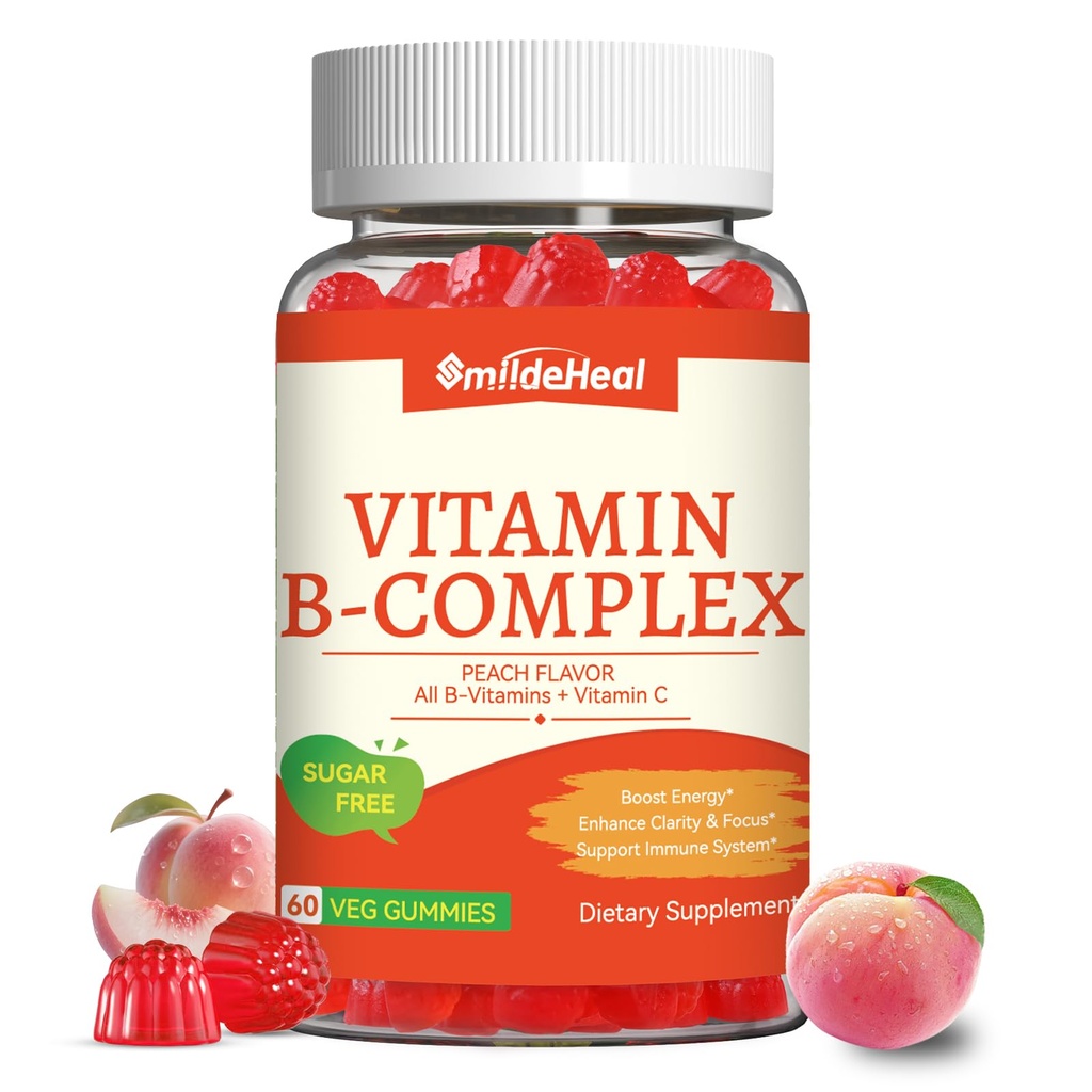 Vitamine B Complex Gummies for Women & Men - Vitamin B12, B1, B2, B3, B5, B6, B7 & B9 - B Complex with Vitamin C & Choline - Energy & Immune Support* - Vegan, Sugar Free, Peach Flavor - 60 Gummies