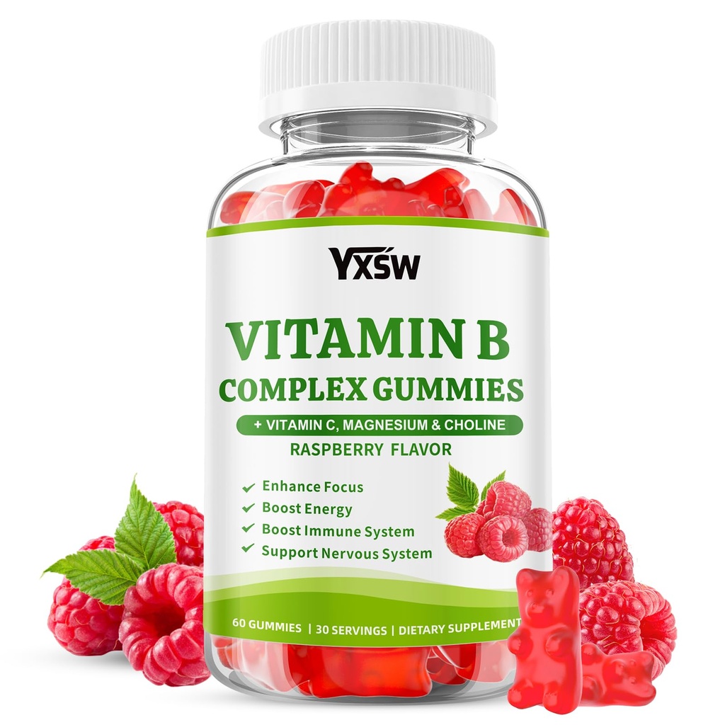 Vitamine B Complex Gummies for Women & Men - Vitamine B12, B1, B2, B3, B5 & B6 -B Complex Vitamine Supplementen met Vitamine C, Magnesium & Choline, Raspberry Flavor, 60 Tellen