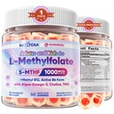 L-methylfolaat 1000 mcg + Methyl B12 Gummies for Kids & Adults - Active 5-MTHF, w/Omega-3 DHA & EPA(3:1), Choline & TMG, B6, ondersteunt MTHFR Gene, Brain, Energy & Methylation, Sugar free, 60 Cts