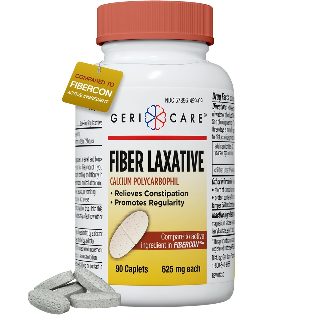 GeriCare Fiber Laxative - 625mg Calcium Polycarbofiel Fiber Supplement voor vrouwen en mannen - Voorzichtig effectieve OTC Relief voor constipatie en aambeien - Onoplosbaar Fiber Capsules (90 Tel.)
