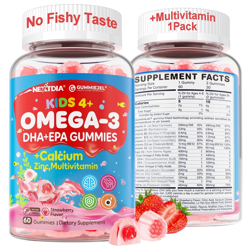 Nextdia Omega 3 (EPA/DHA) Gevulde Gummies voor kinderen Tiener met Multivitamine, Calcium + D3 + K2 + Zink, Plus Vitamine A B1 B2 B12 C, Selenium, Jodium voor Hersenen, Oog, Bot, Energie, Geen Vis Smaak, Suikervrij