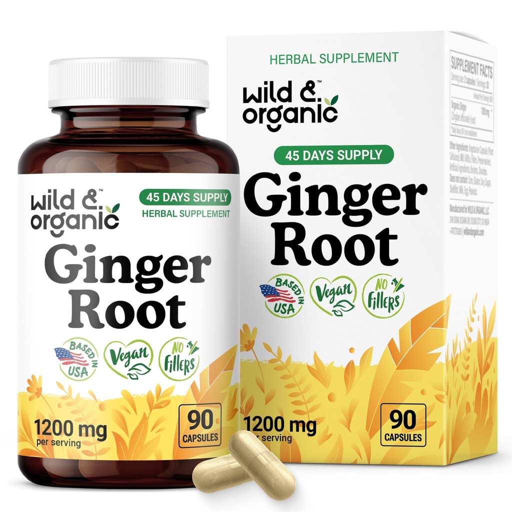 Wild & Organic Ginger Root Capsules 1200 mg - Immune & Digestive Support - Natural Ginger Supplements - Zingiber Officinale Powder - 45 Days of Supply - Vegan, No Fillers, Non-GMO - 90 Count