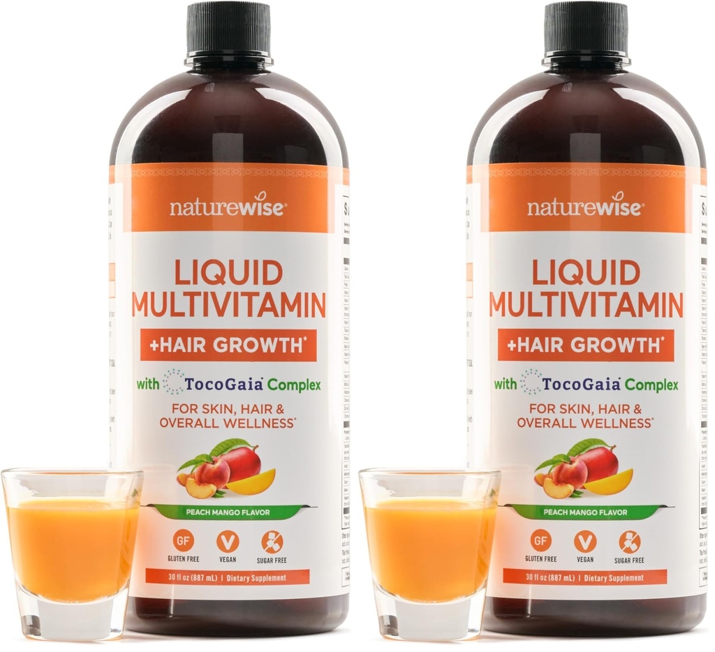 NatureWise Liquid Multivitamin Hair Growth for Women & Men + Tocogaia® for Hair Growth & Skin Elasticity Support + Biotin, Vitamin D, E, B - Sugar Free, Vegan - 30 fl oz[30 Servings], (Pack of 2)