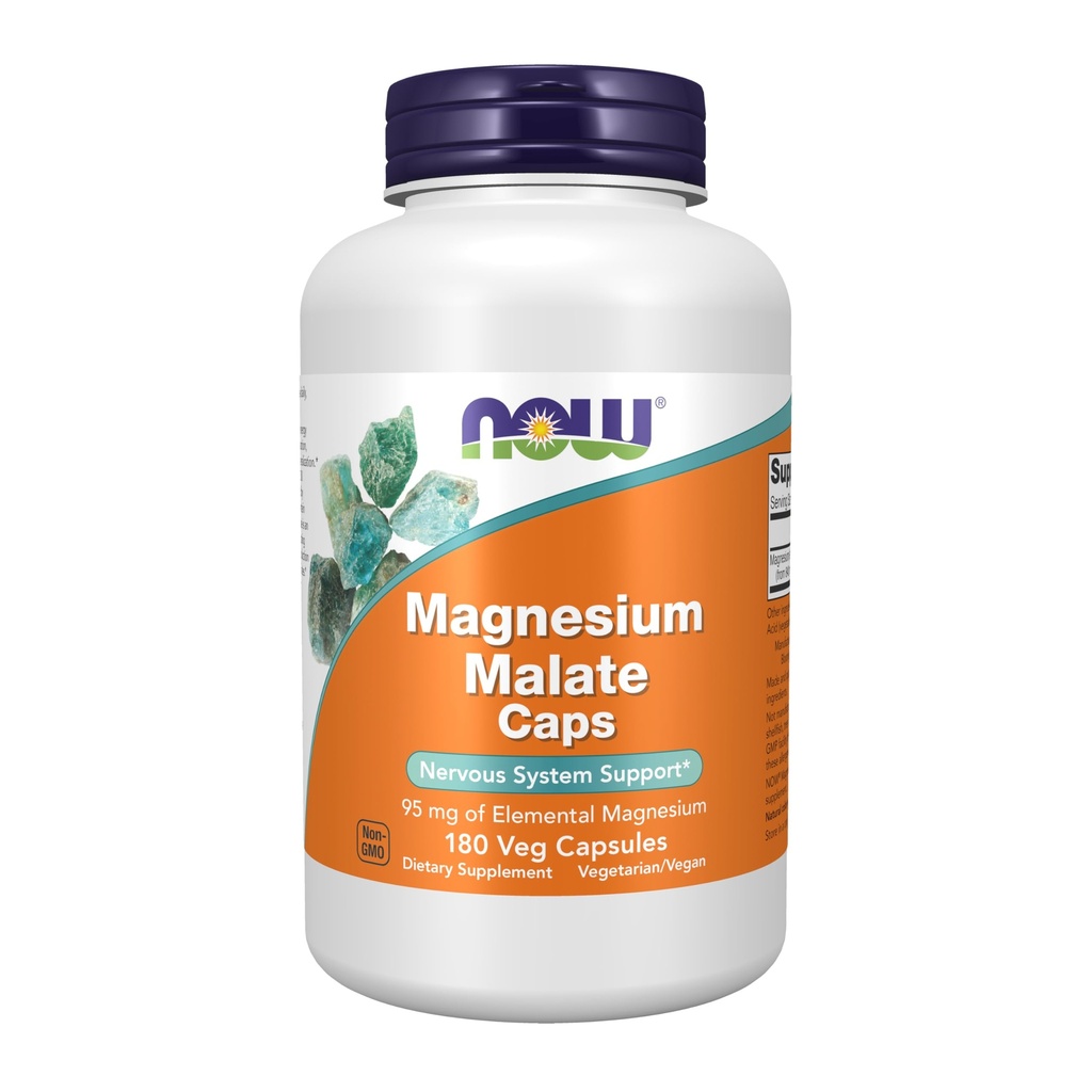 NOW Voedingssupplementen, Magnesium Malaatcapsules met 95 mg elementair magnesium, Zenuwstelselondersteuning*, 180 Veg Capsules