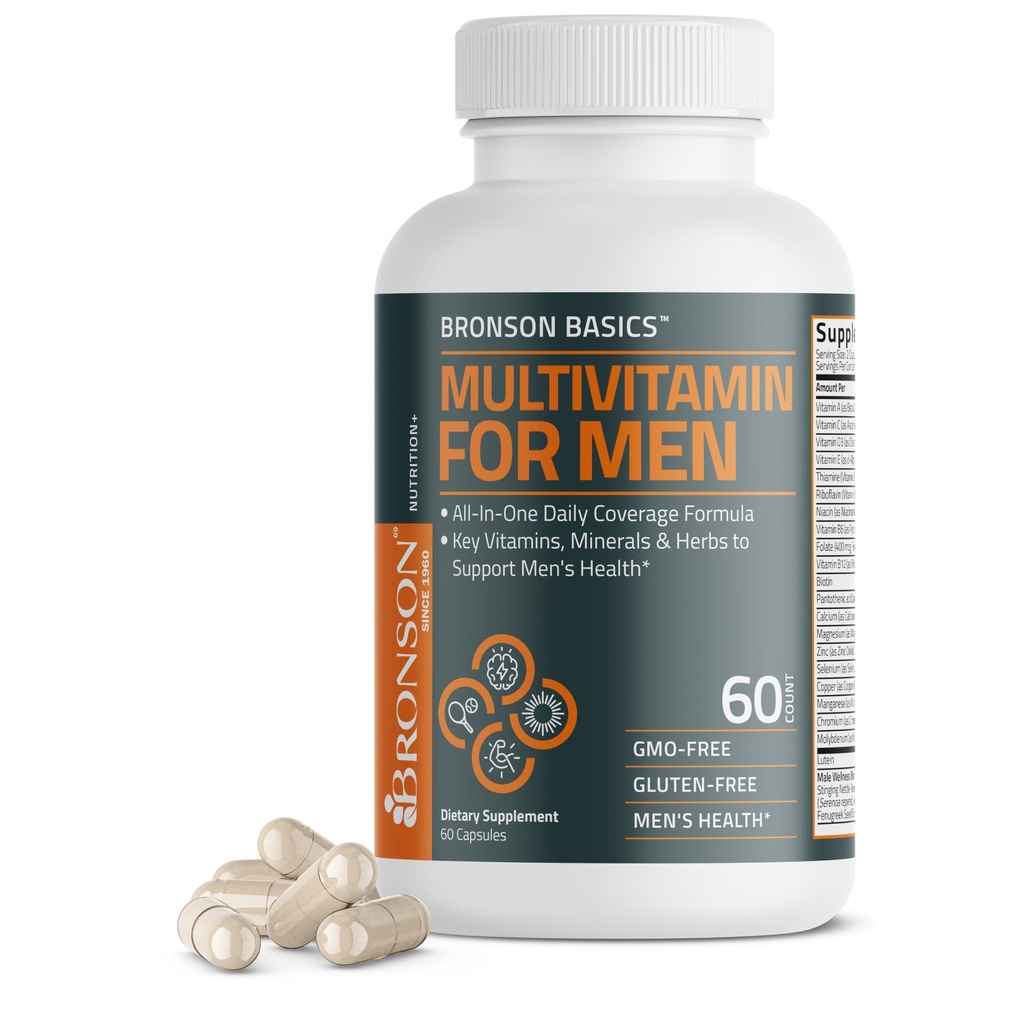 Bronson Multivitamin for Men All-in-One Daily Coverage Formula Key Vitamins, Minerals & Herbs to Support Men's Health, 60 Capsules