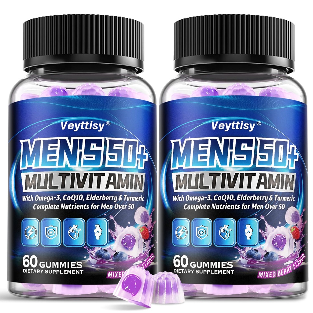 Sugar Free Multivitamin Gummies for Men 50 Plus - Methylated Multivitamin with Omega-3, CoQ10, Elderberry & Turmeric for Energy, Immune, Gut, Health Support - Vegan, Non-GMO, Gluten-Free