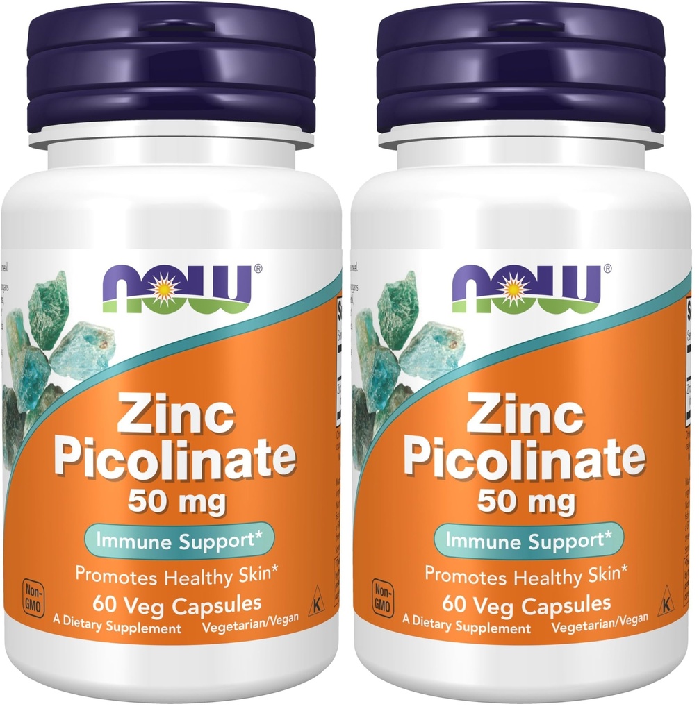 NOW Supplementen, Zink Picolinaat 50 mg, Ondersteunt Enzyme Functies*, Immuun Ondersteuning*, 60 Veg Capsules (Pack of 2)
