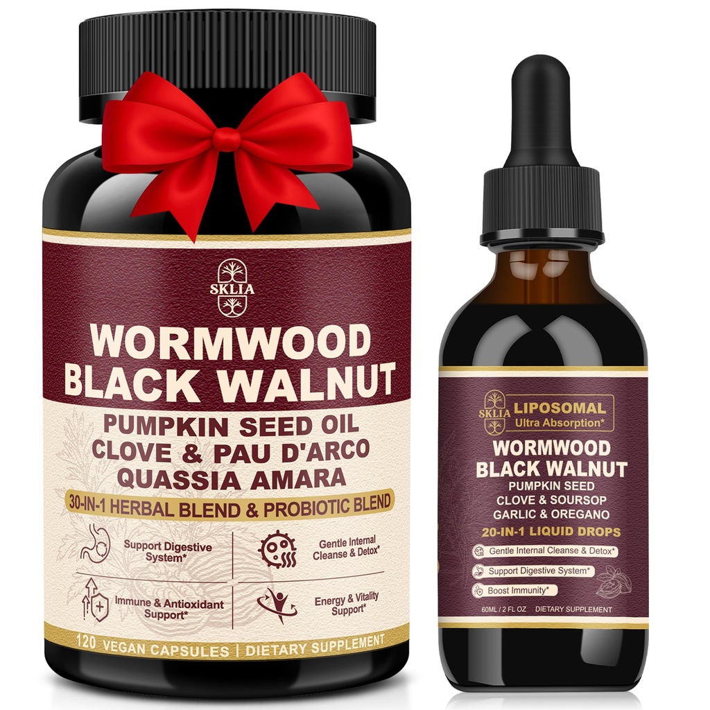 30-in-1 Gut Cleanse Capsules + 20-in-1 Liposomal Wormwood Black Walnut Drops Bundle – Advanced Digestive Cleanse & Gut Support with Clove, Garlic, Pumpkin Seed, Berberine | Dual Formula Detox System