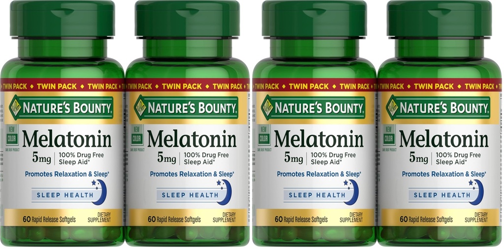Nature's Bounty Melatonin 5mg, 100% Drug Free Sleep Aid, Dietary Supplement for Relaxation and Sleep Health - 4 Month Supply, 60 Rapid Release Softgels Twin Pack (120ct) (Pack of 2)