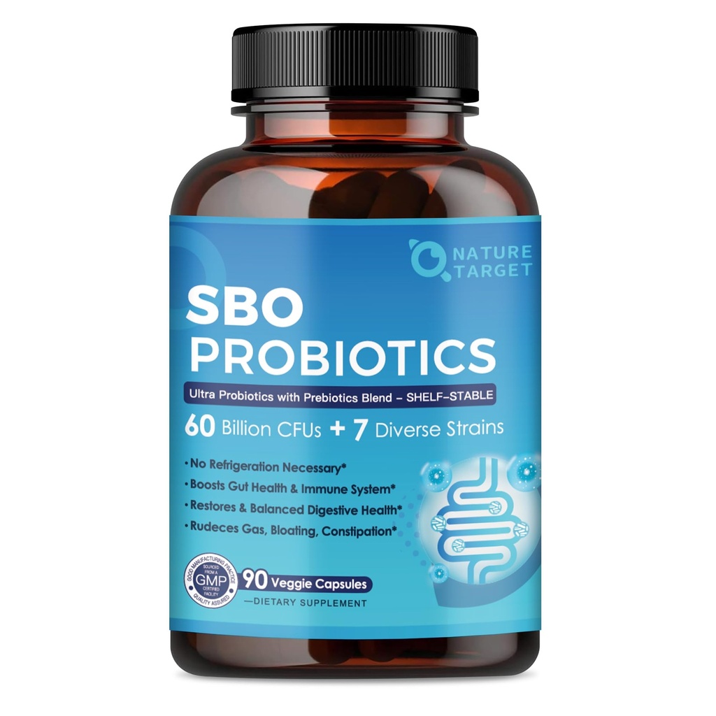 NATURE TARGET Probiotics for Women & Men, 60 Billion CFU, Prebiotics and Probiotic for Gut Health - SBO Probiotics Supports Digestive, Constipation, Diarrhea, Gas & Bloating, 90 Veggie Capsules