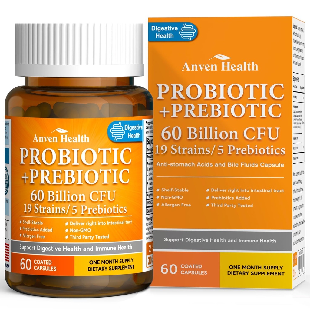 60 Billion Probiotic and Prebiotic for Women and Men - 19 Strains 5 Organic Prebiotics for Gut Digestive & Immune Health, Supports Diarrhea Gas Bloating, Non-GMO – Made in USA丨60 Caps