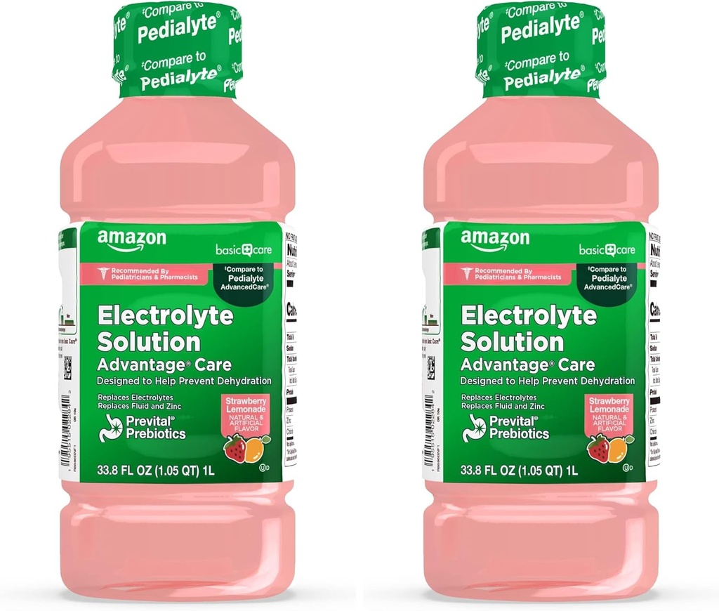 Basic Care Advantage Care Electrolyte Solution with Prevital Prebiotics, Strawberry Lemonade, Hydration Drink, Replenish Electrolytes, Fluid & Zink, 33,8 Fl Oz (pakket van 2)