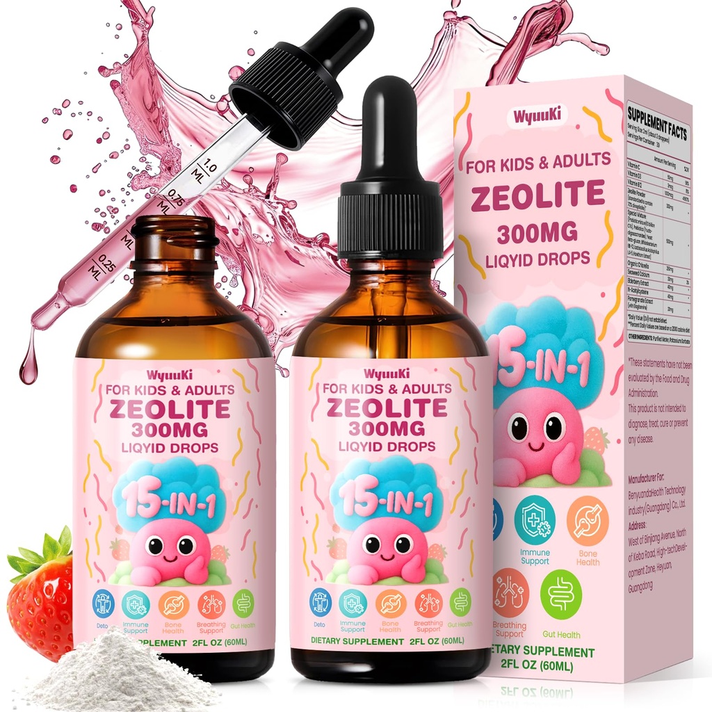 Zeolite Drops 2 Pack Detox for Kids & Adults - 300mg Clinoptilolite, 1000mcg Vitamin B12 C D3, 10 Billion CFU Prebiotics, Seaweed Calcium - Pure Body Cleanse Heavy Metal Gut Energy Bones Immune 120ml