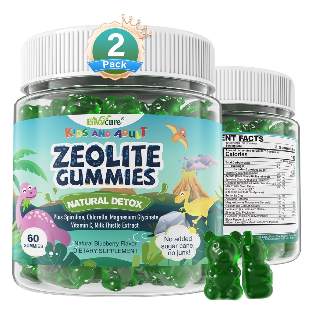 Zeolite Detox for kids & Adult-Sugar Free Zeolite Detox Gummies with Spirulina, Chlorella, Milk Thistle, Magnesium Glycinate, Calcium Citrate for Energy, Focus, Digestive, Immune, Antioxidant - 120Cts