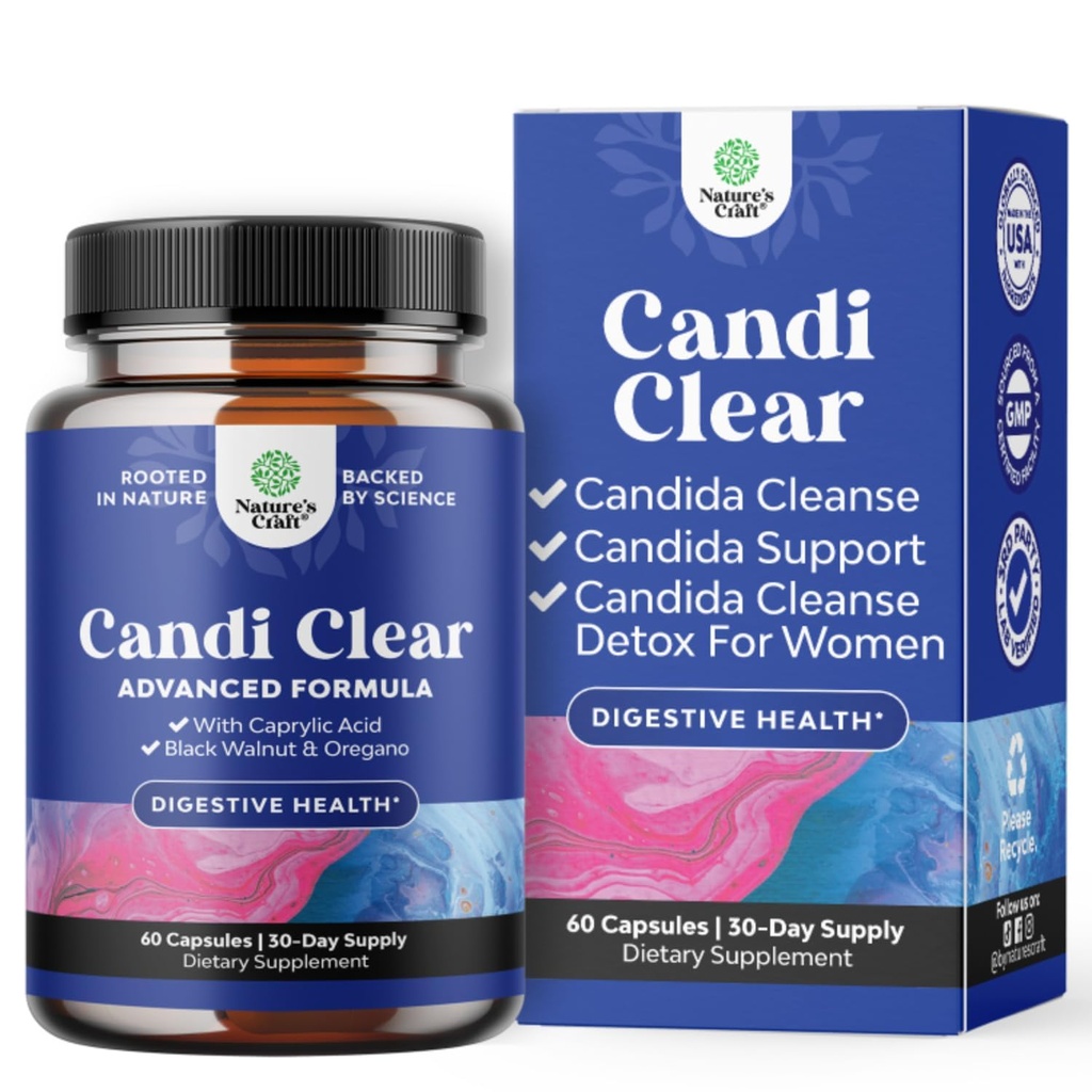 CANDI-CLEAR Body Cleanse Detox for Women - Anti Overgrowth Gut Detox for Women with Caprylic Acid Black Walnut Wormwood and Oregano - Full Body Cleanse with Pre and Probiotics - 60 Count