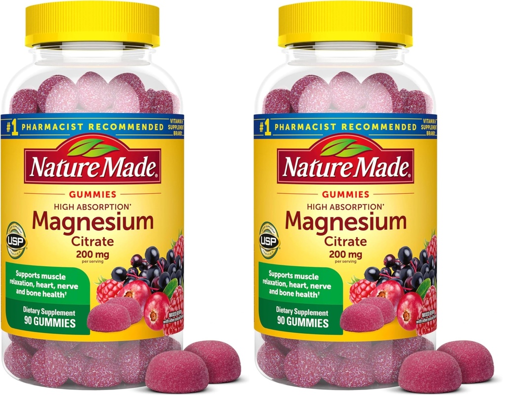 Nature Made High Absorption Magnesium Citrate 200 mg per Serving, Magnesium-Supplement for Muscle, Nerve, Bone and Heart Support, 90 Magnesium Gummies, 45 Day Supply,(Pack of 2)