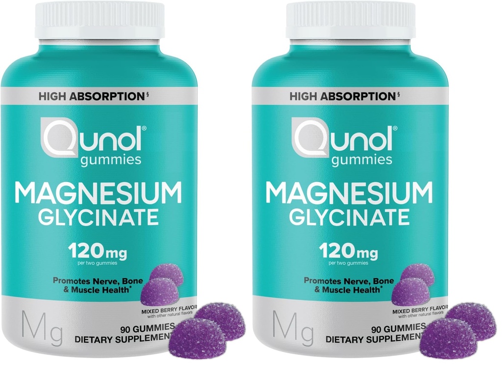 Qunol Magnesium Glycinate Gummies,120mg of Magnesium Glycinate,High Absorption,Mixed Berry,90 Count (Pack of 2)