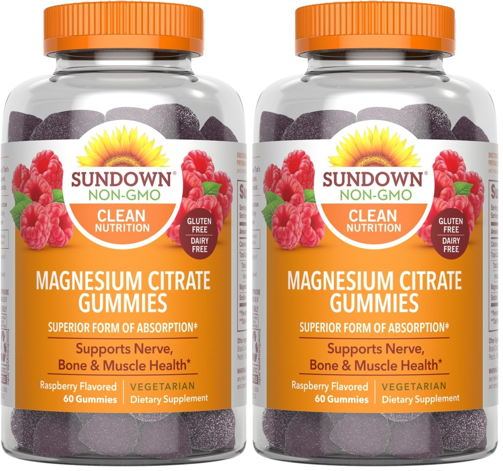 Sundown Magnesium Citrate Gummies, Supports Nerve, Bone & Muscle Health, Vegetarian, Raspberry Flavored, 60 Count (Pack of 2)