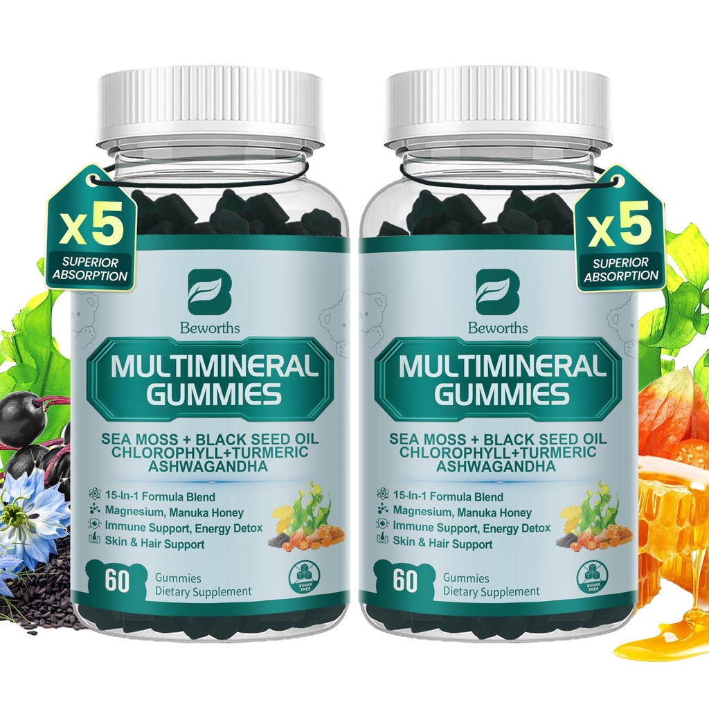 Sea Moss Gummies with Ashwagandha & Chlorophyll, Immune, Digestive and Gut Detox Support, Powered by Black Seed Oil, Vitamin C, Vitamin D & Magnesium, GMO, Vegan, Apple Flavor, 120 SeaMoss Gummies