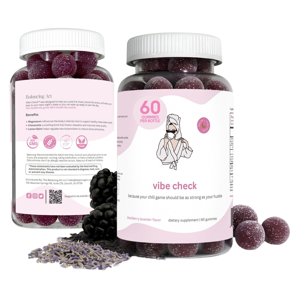 Balancing Act - Vibe Check Magnesium Gummies for Women – Melatonin-Free Calm & Relaxation Support with Magnesium, Chamomile & Lemon Balm – BlackBerry Lavender – 60 Count (30-Day Supply)