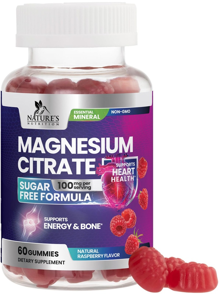 Magnesium Citrate Gummies - Sugar Free - High Absorption & Bioavailability Magnesium Gummy Supplement - Improved Vegan Formula - Supports Bones, Muscles, Calm, & Relaxation - Mag Citrate - 60 Gummies