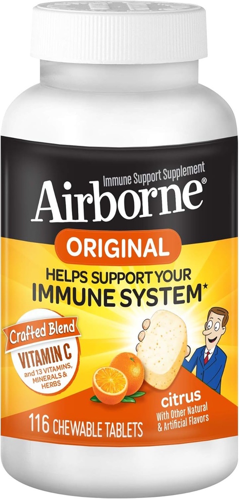 Airborne 1000mg Vitamine C + Zink Immuun Ondersteuning Supplement Kauwtabletten, Citrus smaak met krachtige antioxidanten Vitaminen A C & E, 116 Kauwtabletten (3 Pack)