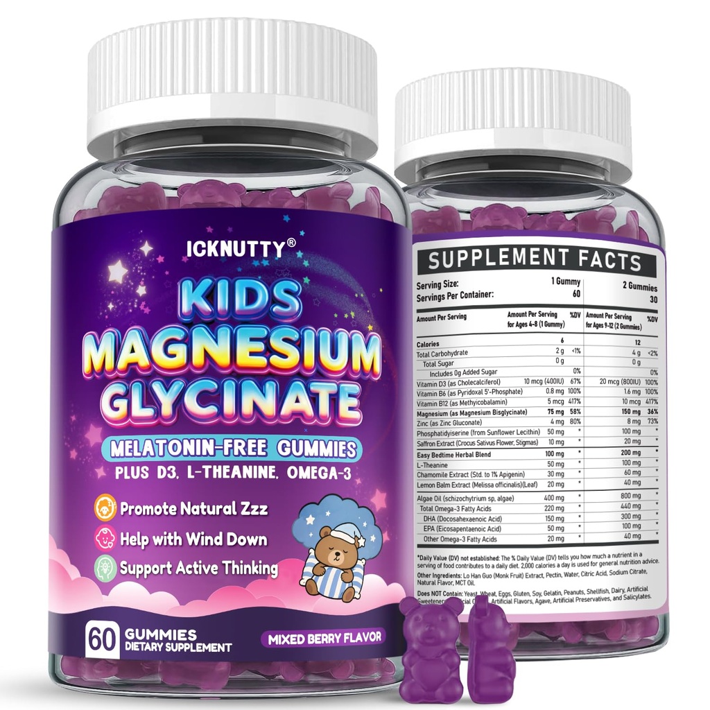 Magnesium Gummies for Kids - Magnesium Glycinate Chewable Supplement with L-Theanine, Vitamin B6, Phosphatidyiserine and Omega for Kids Natural Zzz, Development & Overall Health - Sugar Free & Vegan