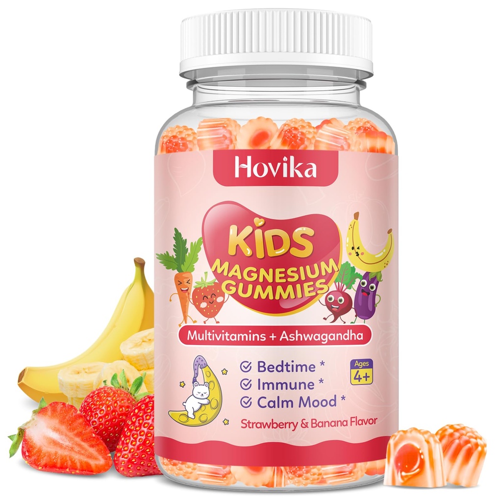 Kids Magnesium Gummies - Magnesium Glycinate Supplement Gummies with L-Theanine, Chamomile & Multivitamins for Sleep, Calm & Focus - Strawberry Banana Center-Filled Gummies 60 ct