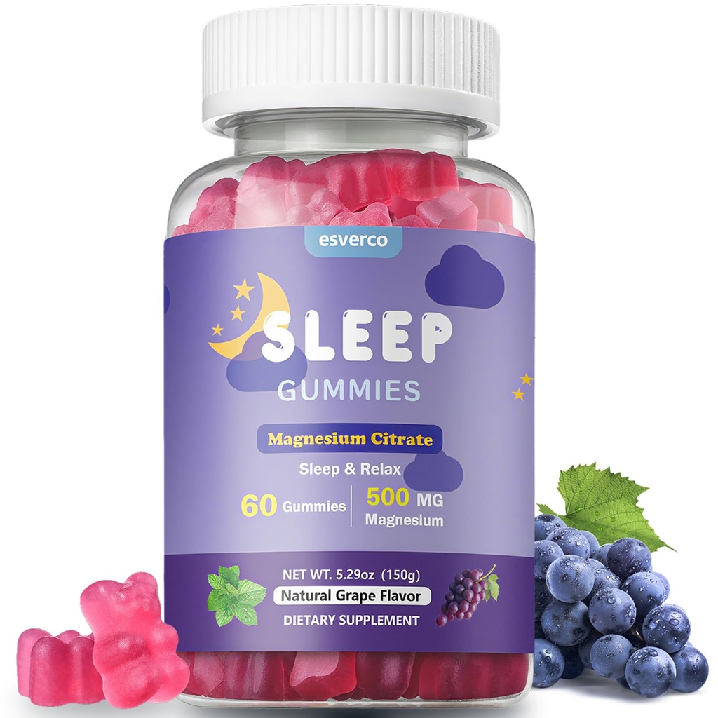 Sleep Gummies, 500mg Magnesium Citrate, High Absorption Magnesium Gummies with L-Theanine and Herbal Blend for Sleep, Mood, Relaxation, for Adults, Vegan, Grape Flavor, 60 Count