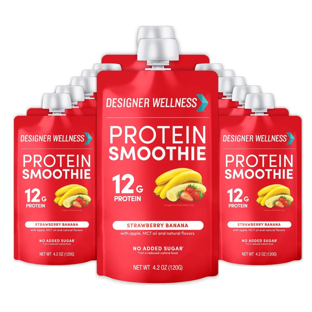 Designer Wellness Protein Smoothie, Real Fruit, 12g Proteïne, Low Carb, Zero Added Sugar, Glutenvrije, Non-GMO, Geen kunstmatige kleuren of smaken, Aardbei Banana, 12 Tellen