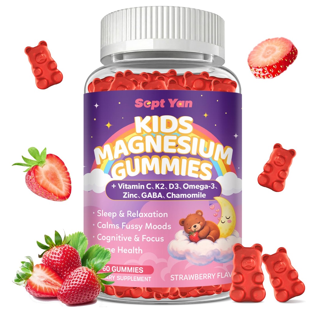 Magnesium Calming Gummies for Kids & Adults, Magnesium Complex with L-Theanine, Vitamin C, K2, D3, Omega-3, GABA, Chamomile, Supports Sleep, Stress Relief, Muscle, Calm & Relaxation,Strawberry Flavor