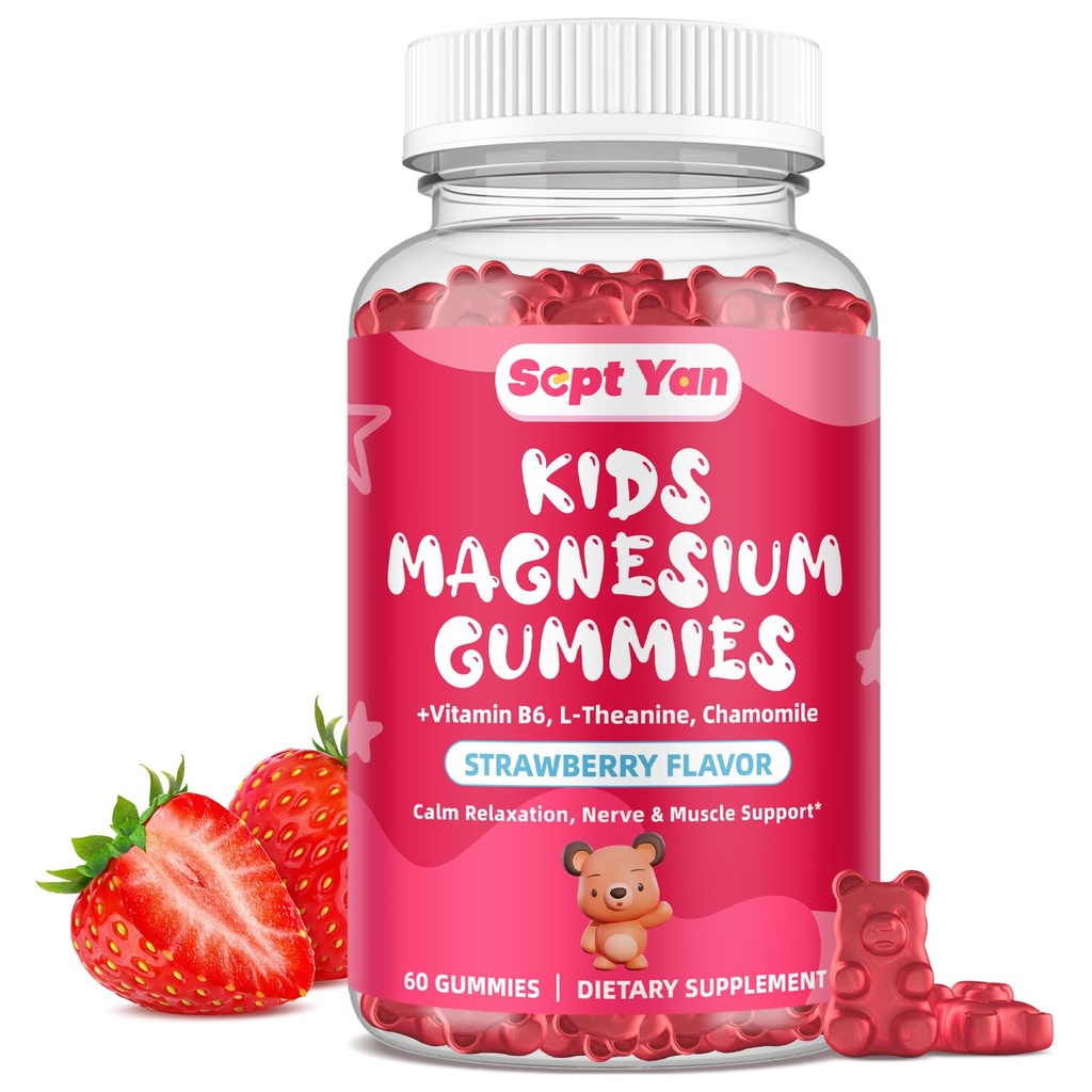 Magnesium Gummies for Kids - Magnesium Citrate Supplement with Vitamin B6, L-theanine, Chamomile & Lemon Balm - Calm Magnesium for Kids & Adults Sleep, Relaxation, Strawberry Flavor 60 Gummies