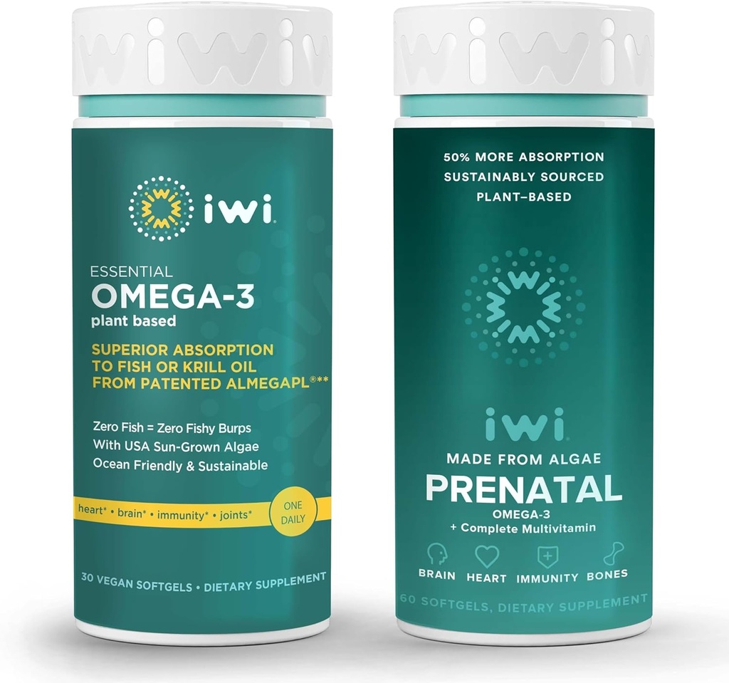 Iwi Omega-3 Essential & Prenatale Multivitamine Bundle, 30 Servers, Vegan Plant Based Algen Omega 3, Krill & Fish Oil Alternative, No Fishy Aftersmaak